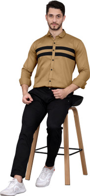 GAZZY CREATION Men Striped Casual Khaki Shirt