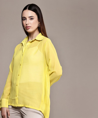 French Connection Women Solid Casual Yellow Shirt
