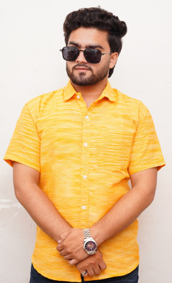STICHVILLA Men Self Design Casual Yellow Shirt