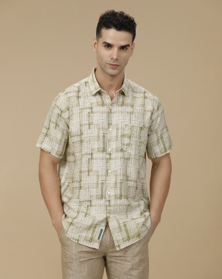 Linen Club Men Printed Casual Green, White Shirt