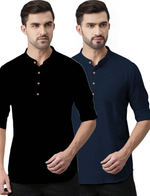 Navkanj Men Solid Asymmetric Kurta(Blue)