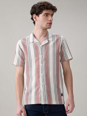 Status Quo Men Printed Casual Beige, Pink Shirt