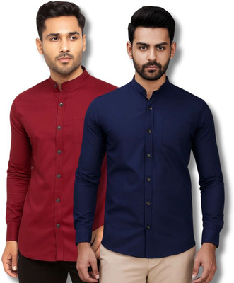 GOD HEART Men Solid Casual Maroon, Dark Blue Shirt(Pack of 2)