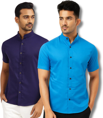 RANGFIT Men Solid Casual Dark Blue, Blue Shirt(Pack of 2)