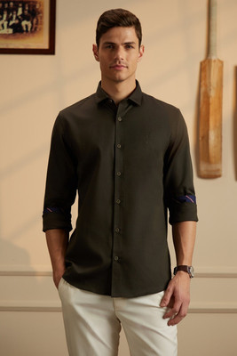 PETER ENGLAND Men Solid Casual Dark Green Shirt