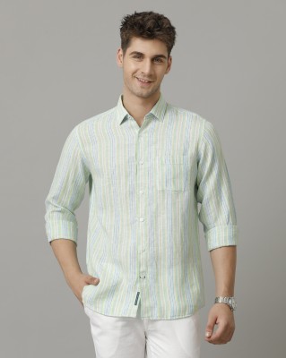 Linen Club Men Striped Casual Green Shirt