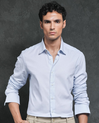 RARE RABBIT Men Checkered Formal Light Blue Shirt
