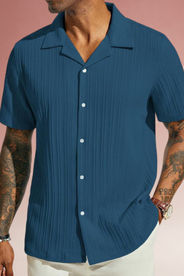 A DEEMOON TREND Men Self Design Casual Blue Shirt