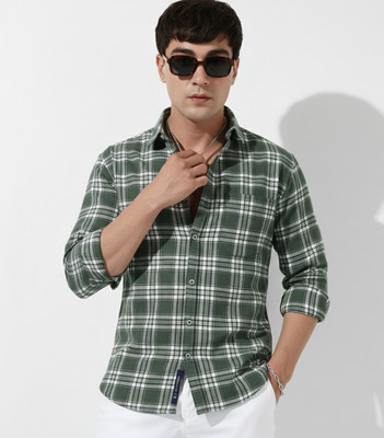 U TURN Men Checkered Casual Dark Green Shirt