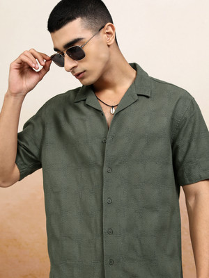 HIGHLANDER Men Self Design Casual Green Shirt