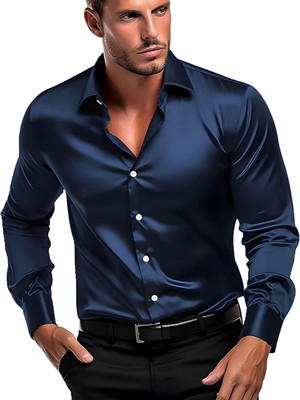 DEELMO Men Solid Casual Blue Shirt