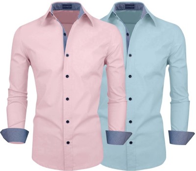 ZOMBOM Men Solid Casual Light Blue, Pink Shirt(Pack of 2)