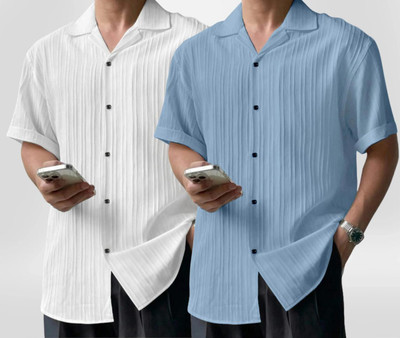 METRONAUT Men Self Design Casual Light Blue, White Shirt(Pack of 2)