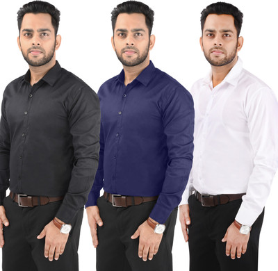 CRAFT HEAVEN Men Solid Casual Black, White, Dark Blue Shirt(Pack of 3)