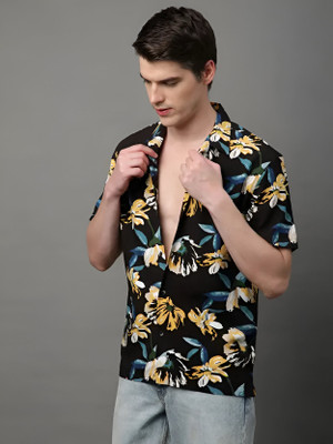 RODEIZ Men Floral Print Beach Wear Black Shirt