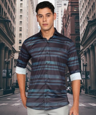 clinch fashion Men Striped Casual Black, Light Blue Shirt