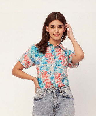 moomaya Women Dyed/Ombre Casual Light Blue, Orange, White Shirt