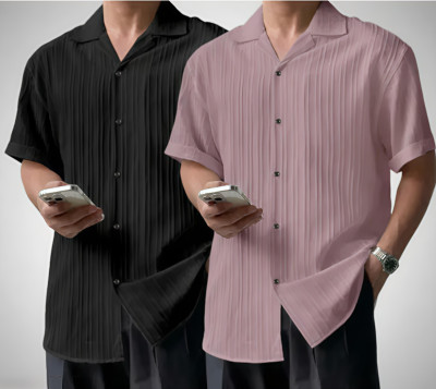 METRONAUT Men Self Design Casual Black, Pink Shirt(Pack of 2)