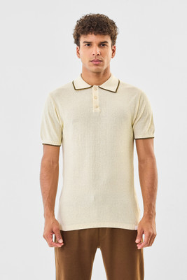Snitch Self Design Men Polo Neck Beige T-Shirt