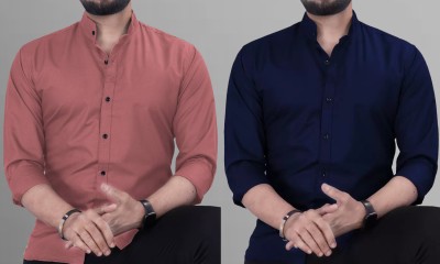 Anand Men Solid Casual Pink, Dark Blue Shirt(Pack of 2)