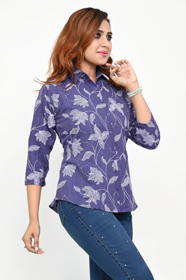Fiestahub Women Printed Casual Purple Shirt