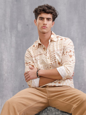 WROGN Men Geometric Print Casual Beige Shirt