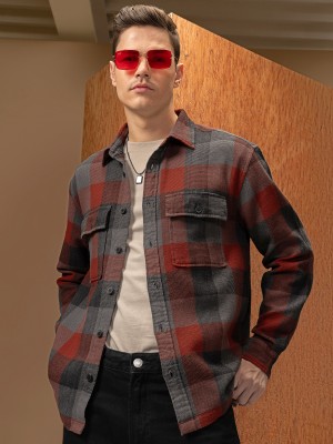 LOCOMOTIVE Men Checkered Casual Brown Shirt