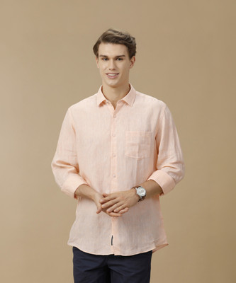 Linen Club Men Solid Casual Orange Shirt