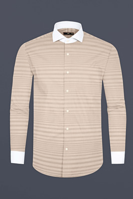 HOC Men Striped Formal Cream Shirt