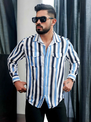 METRONAUT Men Striped Casual Light Blue Shirt
