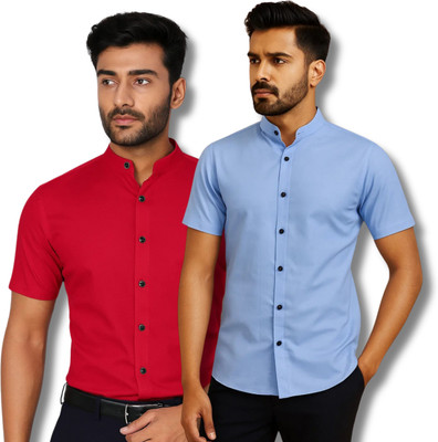COTTONCHHAP Men Solid Casual Red, Light Blue Shirt(Pack of 2)