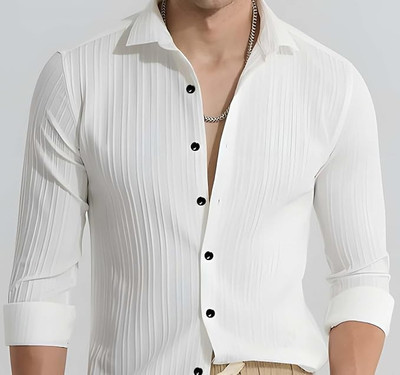 COMBRAIDED Men Striped Formal White Shirt
