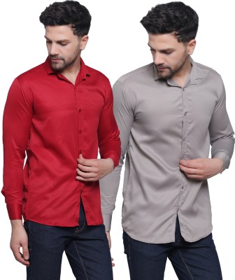 FILNECH Men Solid Casual Grey, Maroon Shirt(Pack of 2)