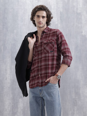 WROGN Men Checkered Casual Maroon Shirt