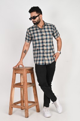 Dark Age Men Checkered Casual Beige, Dark Blue Shirt