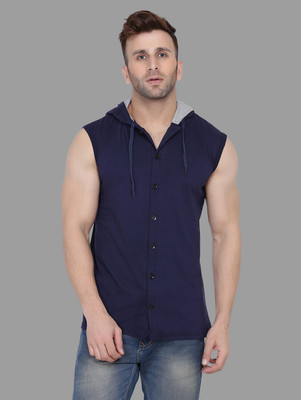 tfurnish Solid Men Hooded Neck Dark Blue T-Shirt