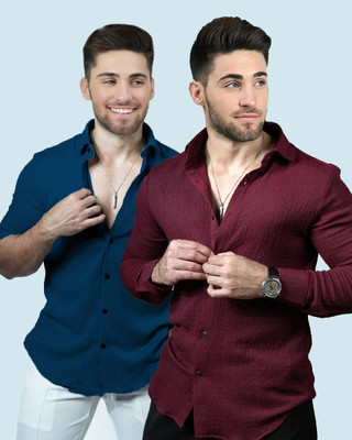 Marmic Fab Men Solid Casual Maroon, Blue Shirt(Pack of 2)