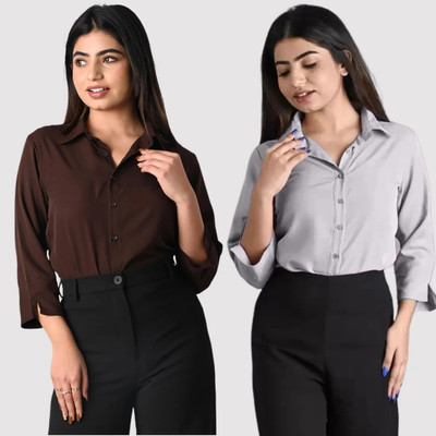 GM SARA Women Solid Casual Brown, Grey Shirt(Pack of 2)