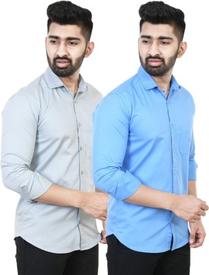 Feel high Men Solid Casual Blue, Grey Shirt(Pack of 2)