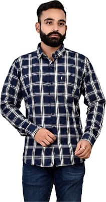 HouseOfCommon Men Checkered Casual Dark Blue, White Shirt