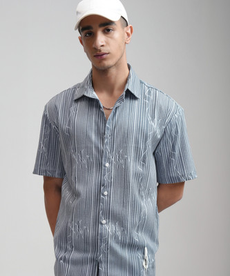 HIGHLANDER Men Self Design Casual Blue Shirt