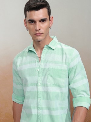 HIGHLANDER Men Striped Casual Green Shirt