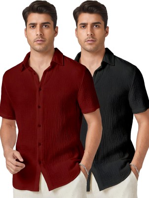 Webric Men Self Design Casual Maroon, Black Shirt(Pack of 2)