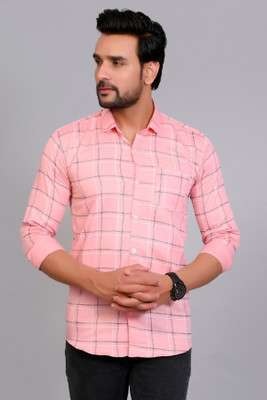 Studio-9 Men Checkered Casual Pink Shirt