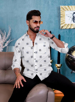 lectose Men Printed Casual White Shirt