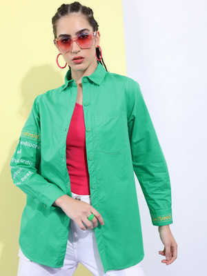 Tokyo Talkies Women Solid Casual Green Shirt