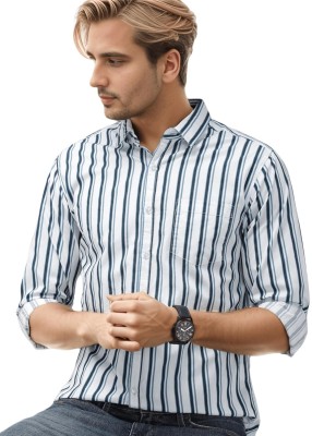 IndoPrimo Men Striped Casual Blue Shirt