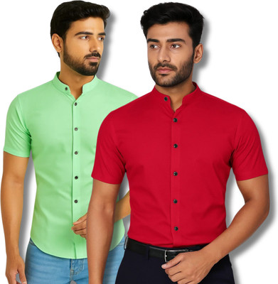 RANGFIT Men Solid Casual Light Green, Red Shirt(Pack of 2)