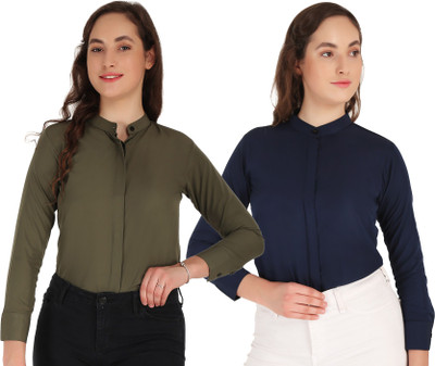 SHANAYA MODA Women Solid Formal Green, Blue Shirt(Pack of 2)