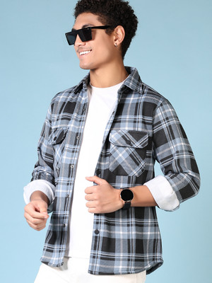 V-MART Men Checkered Casual Grey Shirt